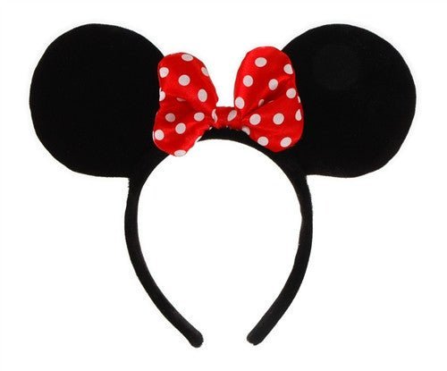 Black mouse ear headband with a red and white polka dot bow centered between the ears.