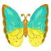 Turquoise and yellow foil balloon shaped like a butterfly with a gold body, antennae, and decorative spots.