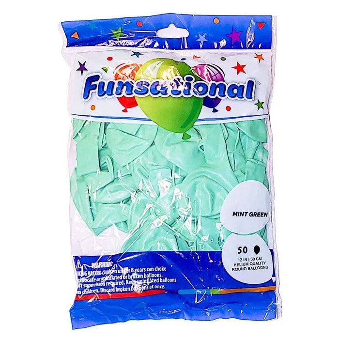Package of 50 mint green 12-inch round latex balloons with colorful illustrated header and blue warning label at bottom.