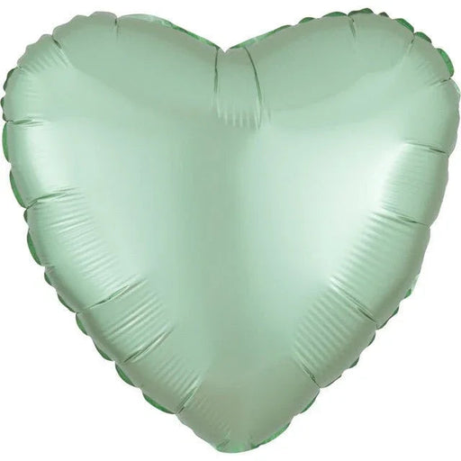 Mint green heart-shaped foil balloon with a shiny metallic finish and crimped edges throughout.