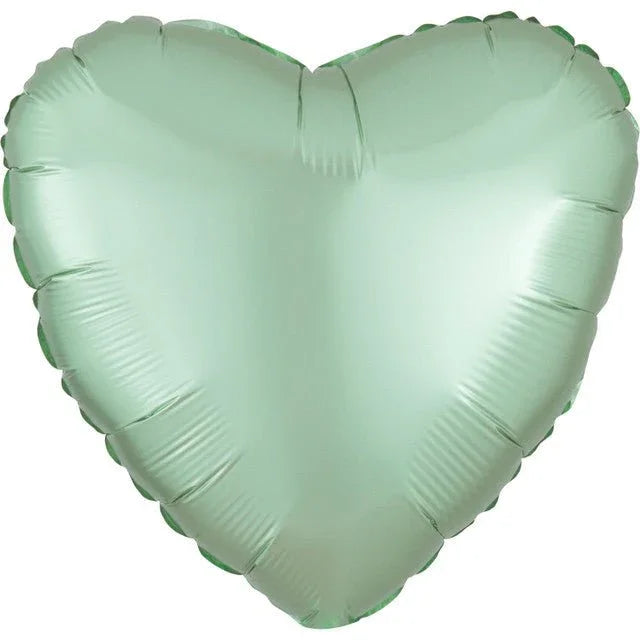 Mint green heart-shaped foil balloon with a shiny metallic finish and crimped edges throughout.