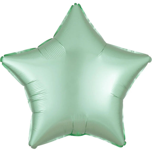 Mint green four-pointed star-shaped mylar balloon with a shiny metallic finish and subtle ribbed texture throughout.