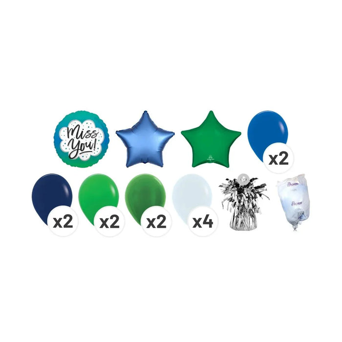 You balloon bouquet product kit image showing a round teal “Miss You!” foil balloon, one metallic blue star-shaped foil balloon, one green star-shaped foil balloon, 2 royal blue latex balloons, 2 navy latex balloons, 2 bright green latex balloons, 2 dark green latex balloons, 4 white latex balloons, a matching balloon weight, and a balloon transport bag.