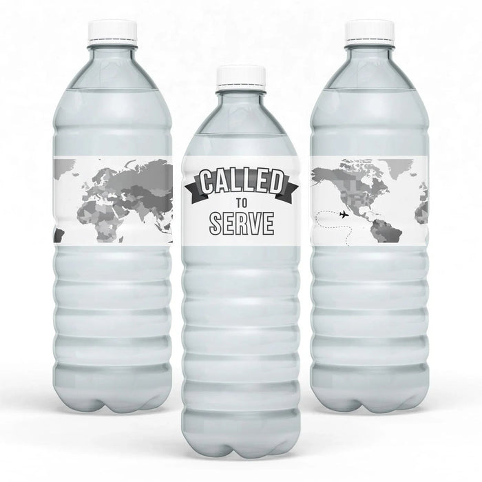 Three clear plastic water bottles with white caps arranged in a row, each displaying a world map label, with the center bottle featuring a black banner reading "Called To Serve.