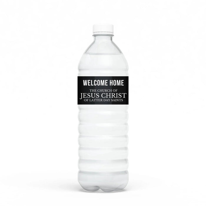 Clear plastic water bottle with a black label reading "Welcome Home" and "The Church of Jesus Christ of Latter Day Saints" wrapped around the center.