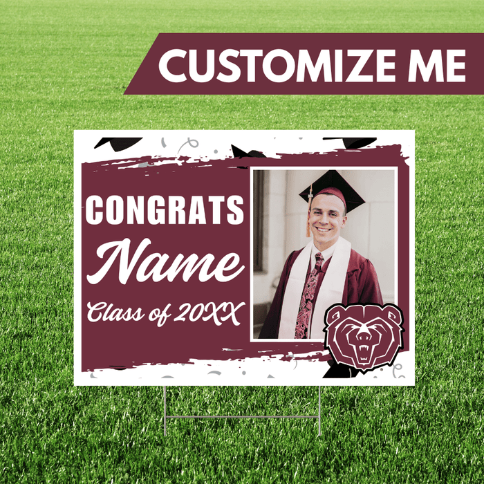 Graduation-themed customizable sign with a photo of a graduate on a grass background