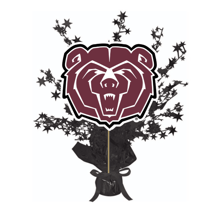 Maroon bear head logo with white outline on a black explosion-shaped base with star bursts, serving as a 15-inch tall centerpiece decoration.