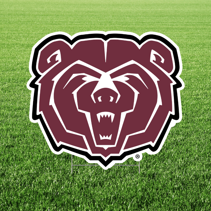Maroon bear head logo with white outline on a green grass background, featuring a yard sign cutout with registered trademark symbol.