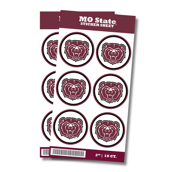 Sheet of MO State stickers with bear logo on a white background