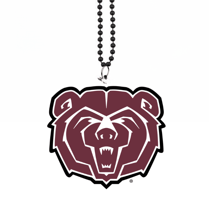 Maroon and white bear head pendant with geometric line details hanging from a black beaded chain necklace.