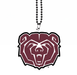 Maroon and white bear head pendant with geometric line details hanging from a black beaded chain necklace.