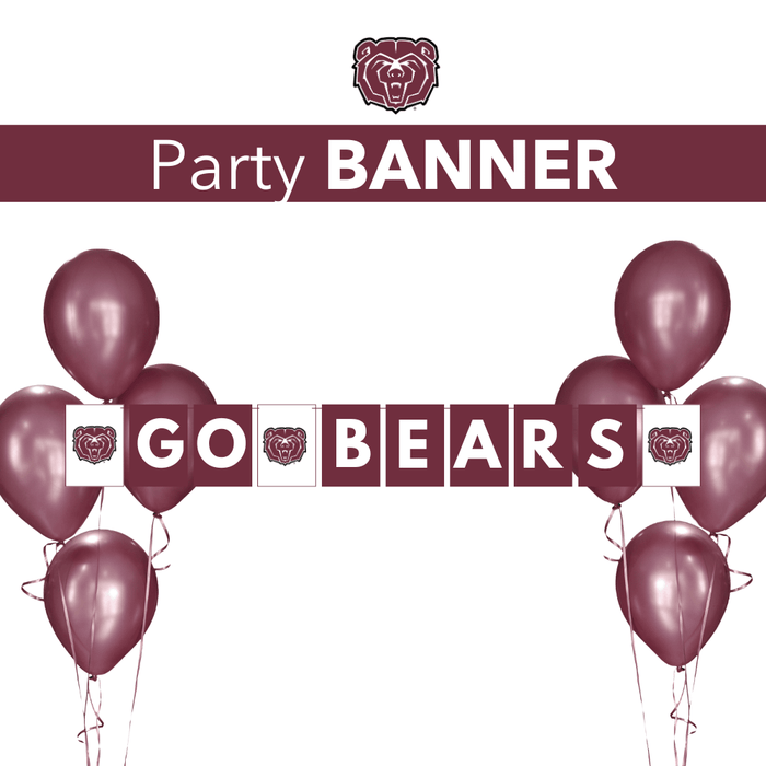 Maroon and white "GO BEARS" pennant banner decorated with bear mascot logos and surrounded by matching metallic burgundy balloons.