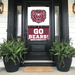 Black door with a Missouri State 'Go Bears!' sign flanked by potted ferns on a porch.