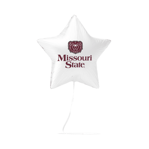 White star-shaped foil balloon featuring the Missouri State bear logo and maroon text reading "Missouri State" with a white string attached.