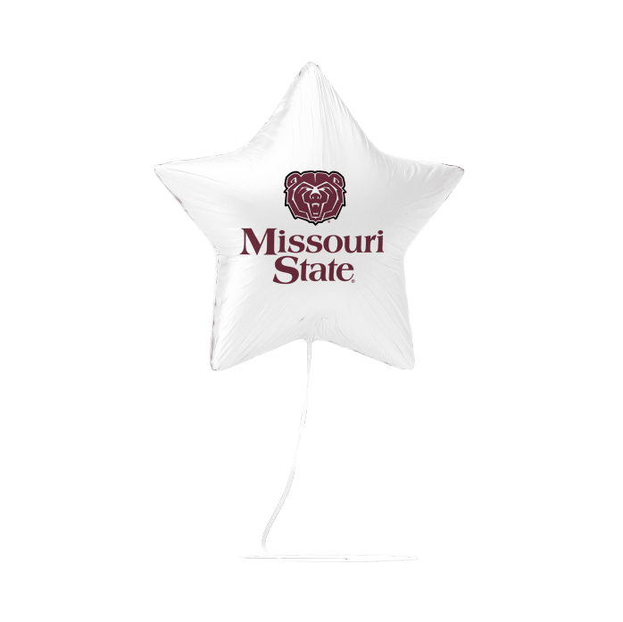 White star-shaped foil balloon featuring the Missouri State bear logo and maroon text reading "Missouri State" with a white string attached.