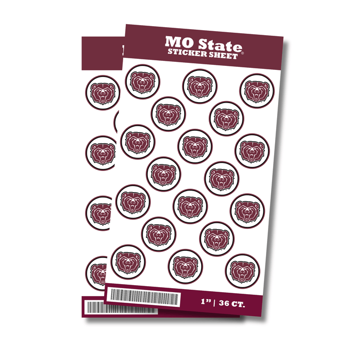 Sheet of MO State stickers with bear logo on a white background
