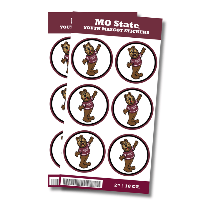 Sheet of MO State youth mascot stickers with a bear design on a white background