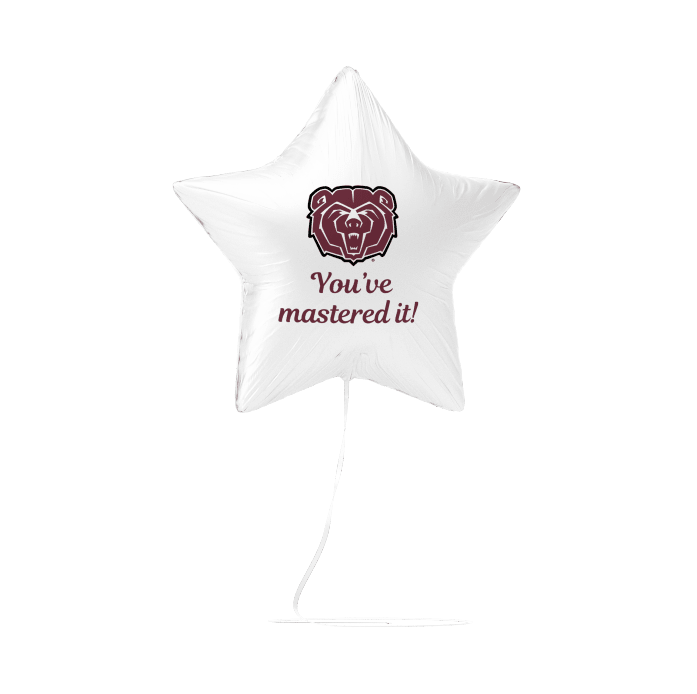 White star-shaped mylar balloon with maroon bear logo and "You've mastered it!" text, displayed against a white background.