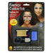 Fantasy Character Makeup Kit with two butterfly wing designs shown on models, containing wooden makeup sticks in multiple colors, a black applicator, and a blue grease makeup palette.