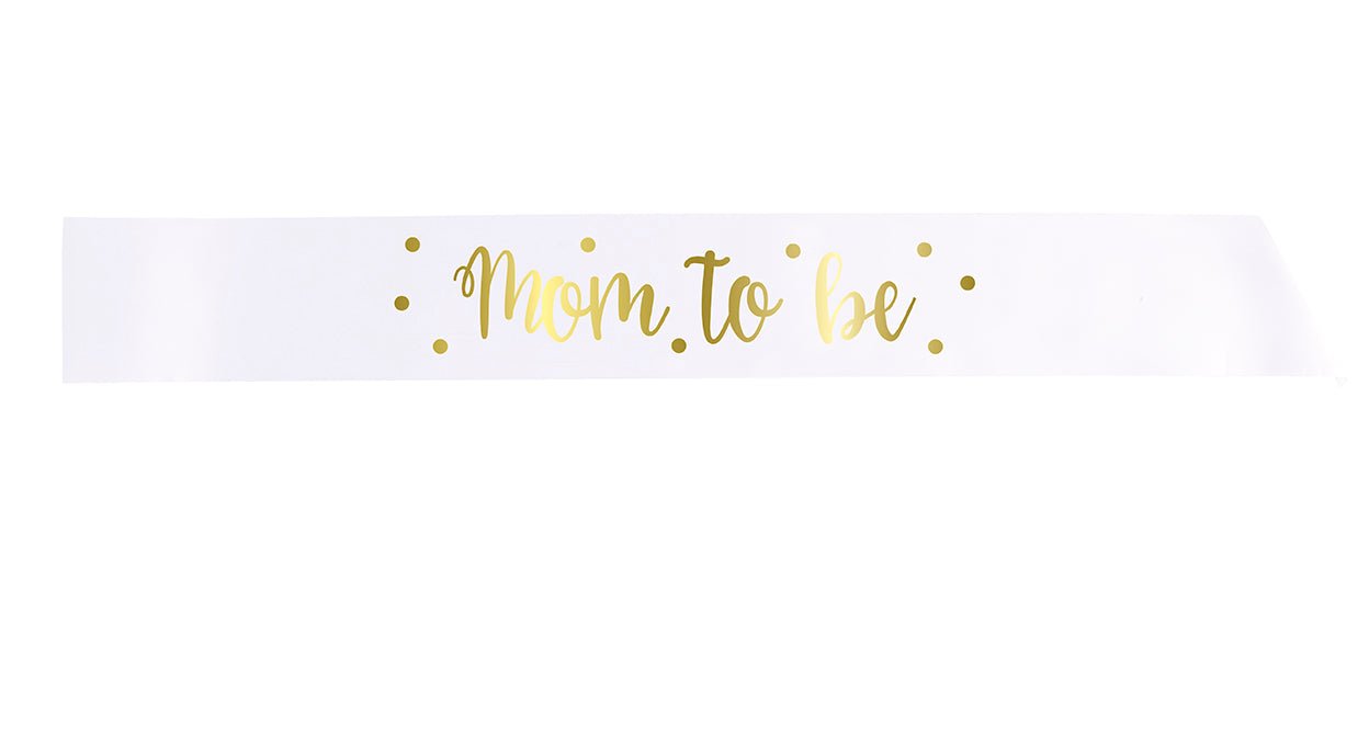 Lavender sash with gold foil text reading "Mom to be" surrounded by decorative gold dots.
