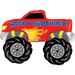 Red monster truck-shaped foil balloon with "Happy Birthday" text, large black tires with gray wheel hubs, yellow flame design, and headlights on white front section.