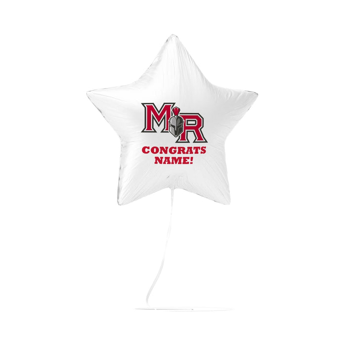 White star-shaped foil balloon featuring the Mountain Ridge High School logo with a spartan helmet in red and gray, displaying "CONGRATS NAME!" text in red below the logo.