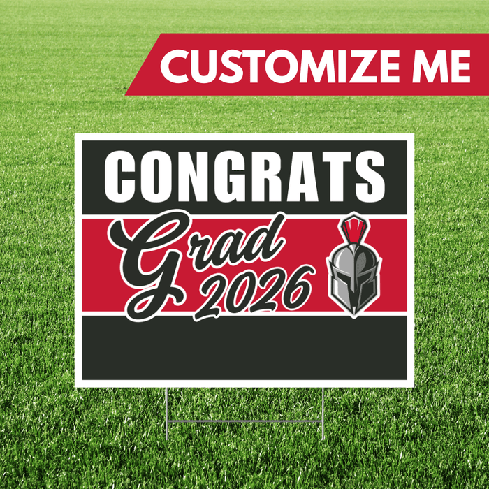 Graduation-themed customizable sign with 'Congrats Grad 2026' on a grass background