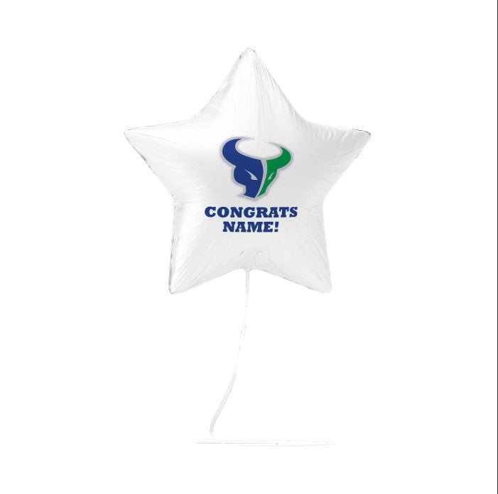 White star-shaped balloon with a logo and 'Congrats Name!' text on a white background