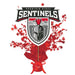 Mountain Ridge Sentinels logo centerpiece spray featuring a gray and red helmet shield design with mountains, surrounded by red star bursts and a red foil base with ribbon bow.