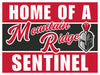 Red and black yard sign featuring "Home of a Mountain Ridge Sentinel" text with a silver warrior helmet logo, measuring 24 by 18 inches.