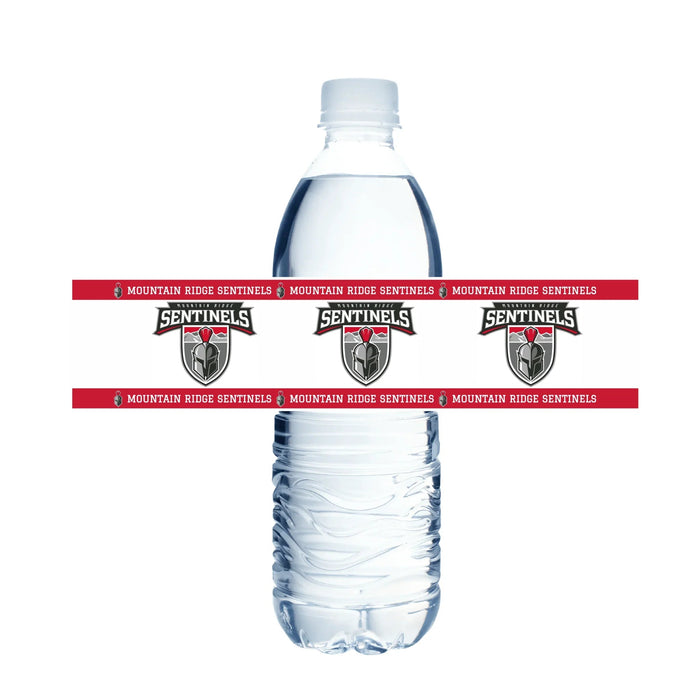 Two clear plastic water bottles with a red and white Mountain Ridge Sentinels logo band wrapped around the center of each bottle.