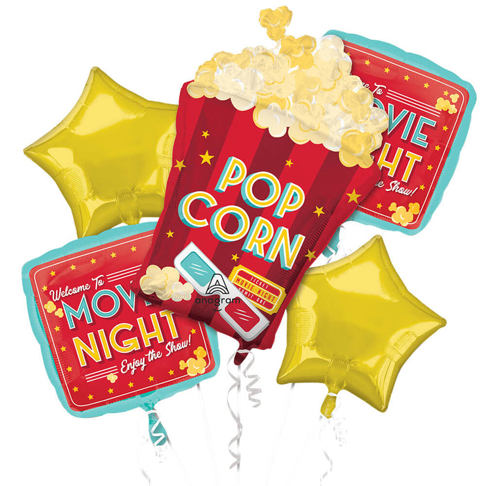Balloon bouquet with popcorn box and movie night signs on a white background