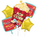 Balloon bouquet with popcorn box and movie night signs on a white background