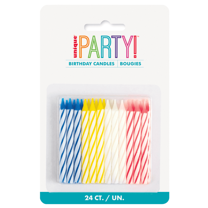 Package of 24 spiral birthday candles in blue, yellow, white, and red stripes arranged in four colored sections.