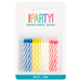 Package of 24 spiral birthday candles in blue, yellow, white, and red stripes arranged in four colored sections.