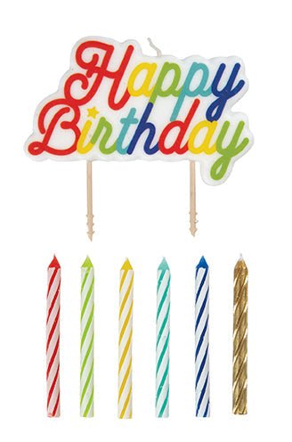 Colorful "Happy Birthday" cake topper with six striped birthday candles in red, green, yellow, turquoise, navy, and gold hanging below it.