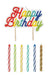 Colorful "Happy Birthday" cake topper with six striped birthday candles in red, green, yellow, turquoise, navy, and gold hanging below it.