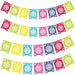 Four strands of colorful fabric banner bunting with alternating pink, yellow, green, blue, and navy patterned pennant flags arranged horizontally.
