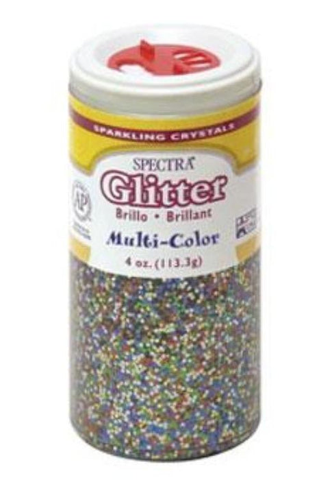 Spectra Multi-Color Sparkling Glitter in a 4 oz. plastic shaker jar with a white lid and red flip-top dispenser, filled with multicolored crystalline glitter particles.