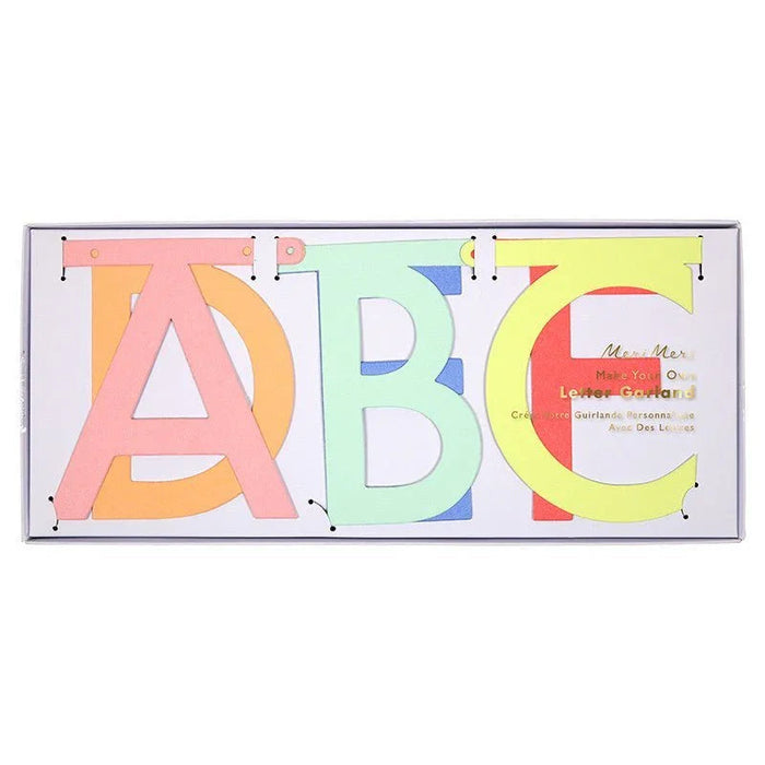 Colorful cardboard letter garland spelling ABC with pink, orange, green, blue, yellow, and red glitter sections displayed in a clear box.
