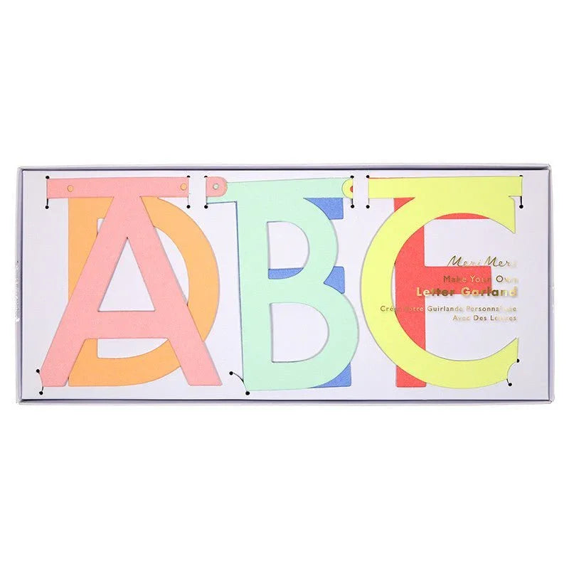 Colorful cardboard letter garland spelling ABC with pink, orange, green, blue, yellow, and red glitter sections displayed in a clear box.