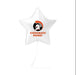 White star-shaped foil balloon with an orange and black logo at the top and red text reading "CONGRATS NAME!" with a white string attached.