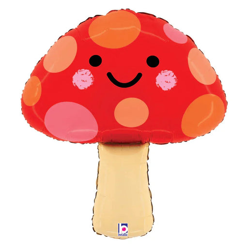 Red mylar balloon shaped like a smiling mushroom with orange and pink polka dots, pink cheeks, black eyes and smile, and a cream-colored stem.
