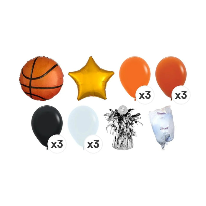 MVP basketball balloon bouquet product kit image showing a basketball-shaped foil balloon, a gold star-shaped foil balloon, 3 orange latex balloons, 3 burnt orange latex balloons, 3 black latex balloons, 3 white latex balloons, a matching balloon weight, and a balloon transport bag.