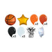 MVP basketball balloon bouquet product kit image showing a basketball-shaped foil balloon, a gold star-shaped foil balloon, 3 orange latex balloons, 3 burnt orange latex balloons, 3 black latex balloons, 3 white latex balloons, a matching balloon weight, and a balloon transport bag.