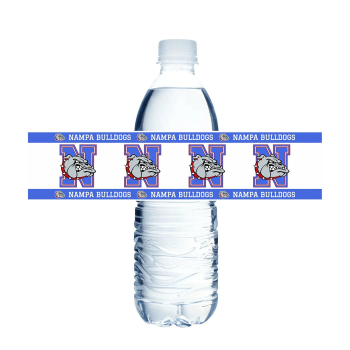 Plastic water bottle wrapped with blue and white Nampa Bulldogs labels featuring the school mascot and letter "N" repeated around the middle section.