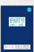 Navy blue plastic tablecover package showing product name "Party" in turquoise lettering, with dimensions 54 in. x 108 in. displayed at the bottom.
