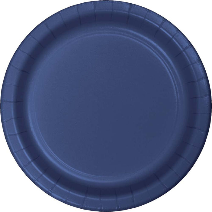 Navy blue disposable paper plate with a ribbed rim and flat center surface, shown from above.