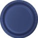 Navy blue disposable paper plate with a ribbed rim and flat center surface, shown from above.