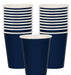 Stack of twenty navy blue and white striped paper cups with cream-colored interiors, displayed in two tall stacks and one single cup in front.